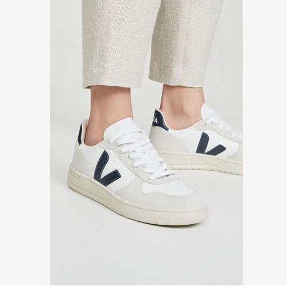 Veja V-10 Sneakers EU Size 35 White Beige Gray Navy Mesh Eco-Friendly - Picture 1 of 7